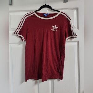 Adidas Burgundy Tee with 3 White Stripes Size XS